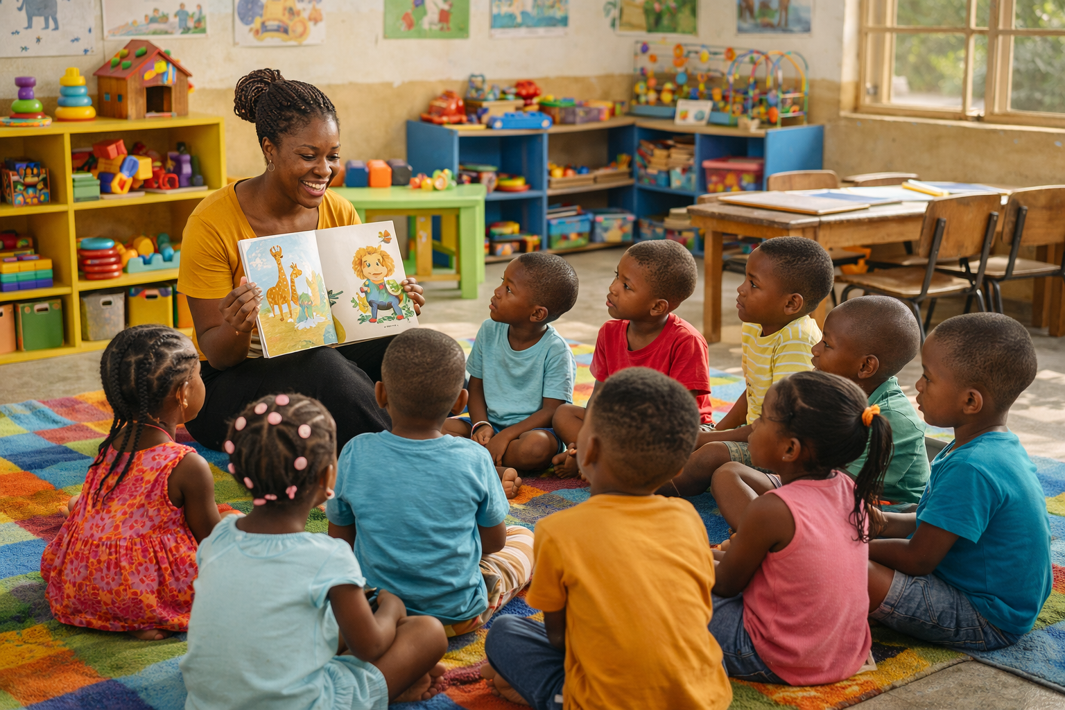 Preschool teacher reading to young children during early childhood education class