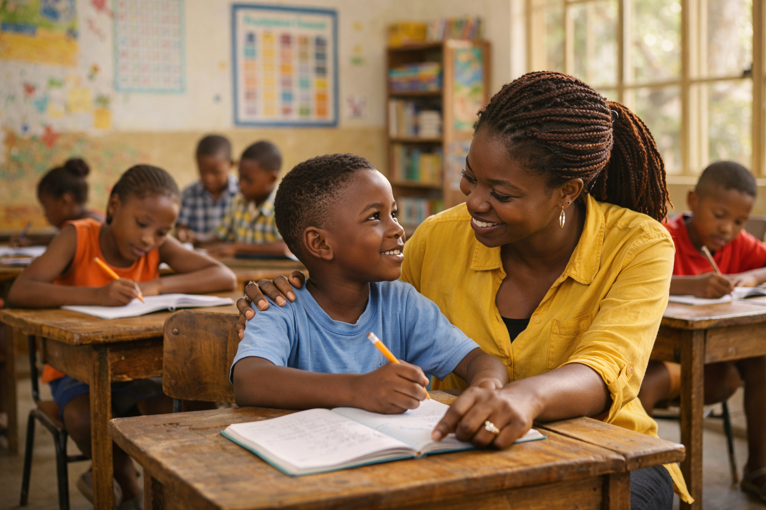 Teacher showing compassion by encouraging a student in a supportive classroom environment.