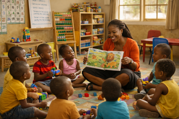 Early childhood education teacher guiding preschool children during a classroom learning activity