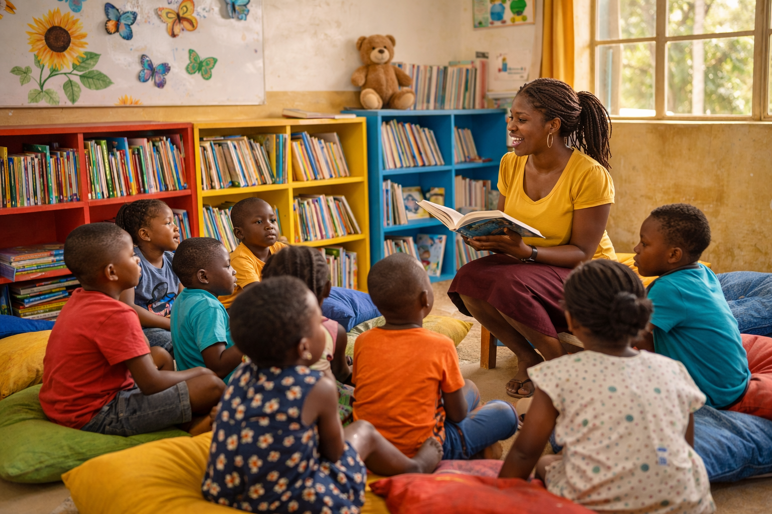 Children sitting in a cozy classroom reading corner while a teacher reads a story to encourage a love of reading in school