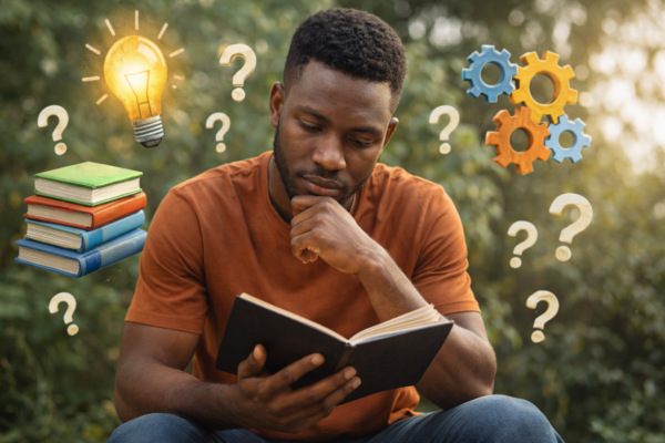 Person thinking deeply with books and ideas around them representing signs of intelligence and curiosity
