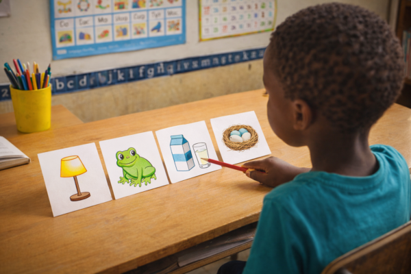 Child learning phonics 4 letter words with flashcards showing lamp, frog, milk and nest