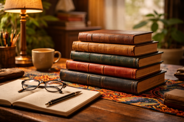 Stack of influential books including philosophy, psychology, and science classics that expand intellectual thinking