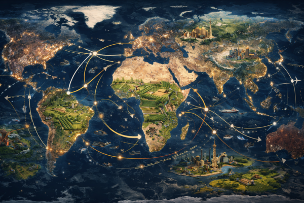 World map illustrating human geography concepts including population distribution, migration routes, urban cities, agriculture zones, and transportation networks.