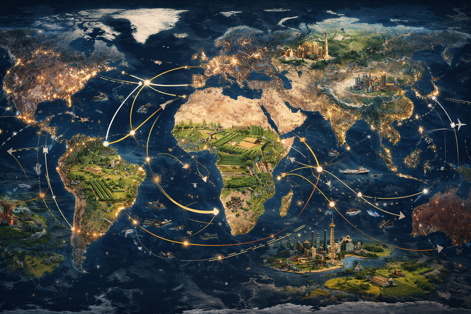 World map illustrating human geography concepts including population distribution, migration routes, urban cities, agriculture zones, and transportation networks.