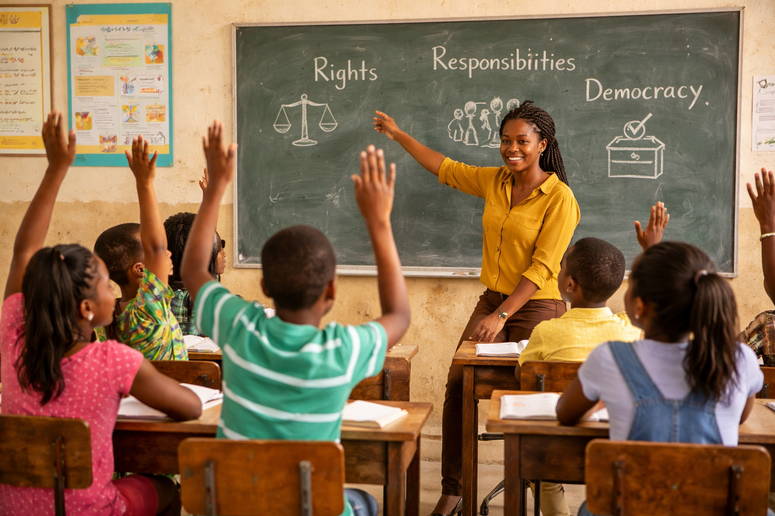 Students participating in a civic education class discussion about rights, responsibilities, and democracy