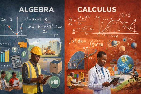 Algebra vs Calculus comparison illustration showing equations, graphs, and real-world applications of both math concepts
