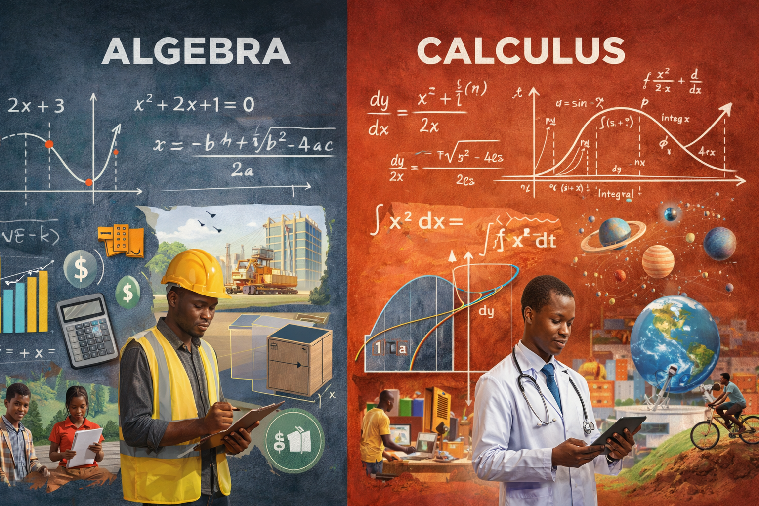 Algebra vs Calculus comparison illustration showing equations, graphs, and real-world applications of both math concepts