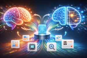 Illustration explaining machine learning with data input, algorithm processing, and real-world applications like recommendations and fraud detection