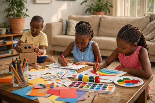 Children engaged in creative arts activities like painting, drawing, and crafting at home, developing imagination and skills