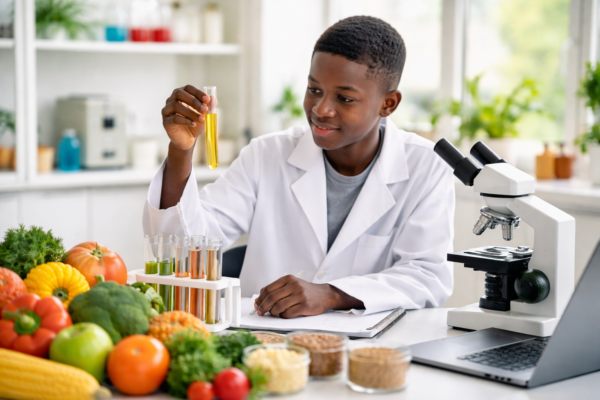 University student studying food and nutrition in a laboratory with healthy foods and scientific equipment