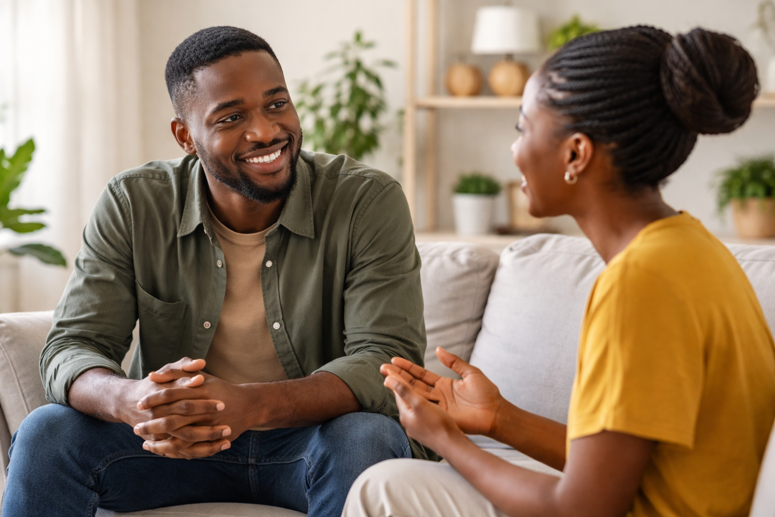Two people having a meaningful face-to-face conversation, actively listening and smiling in a calm, distraction-free environment