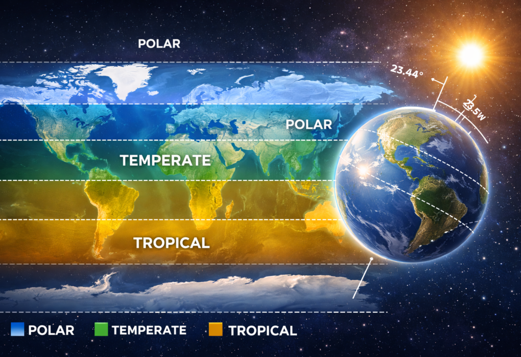 World map illustrating tropical, temperate, and polar climate zones with Earth’s 23.44-degree axial tilt and sunlight angles by latitude