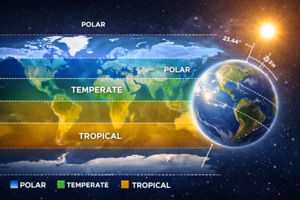 World map illustrating tropical, temperate, and polar climate zones with Earth’s 23.44-degree axial tilt and sunlight angles by latitude