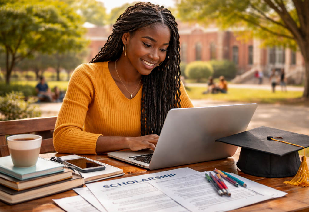 Nigerian university student applying for verified scholarship opportunities in Nigeria 2025 using a laptop on campus