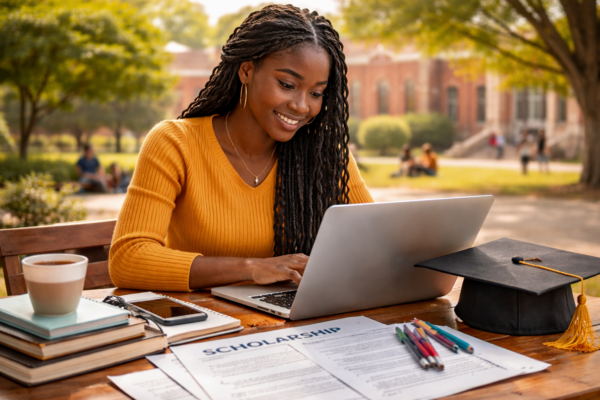 Nigerian university student applying for verified scholarship opportunities in Nigeria 2025 using a laptop on campus
