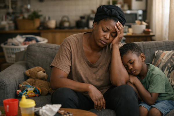 Tired parent sitting with child in a cozy living room, symbolizing the emotional challenges and realities of modern parenting