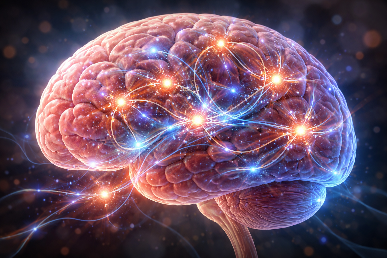 Illustration of a human brain with highlighted neural pathways and dopamine signals showing habit formation and behavior change
