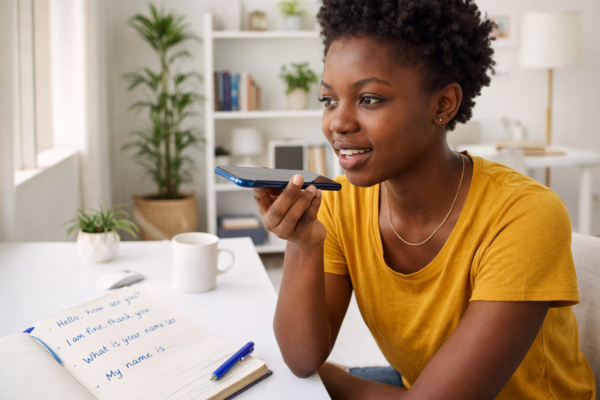Person practicing English speaking daily using conversation with notebook and phone in a bright study environment