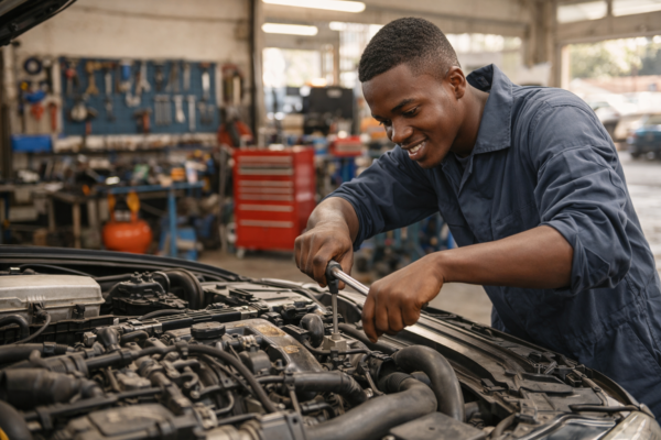 Young African vocational trainee learning electrical installation with tools, showcasing hands-on skill development and career training