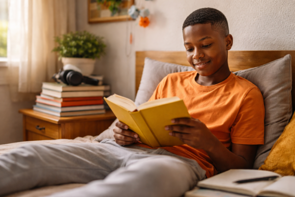 Teenager reading inspiring books for personal growth and success in a cozy study environment