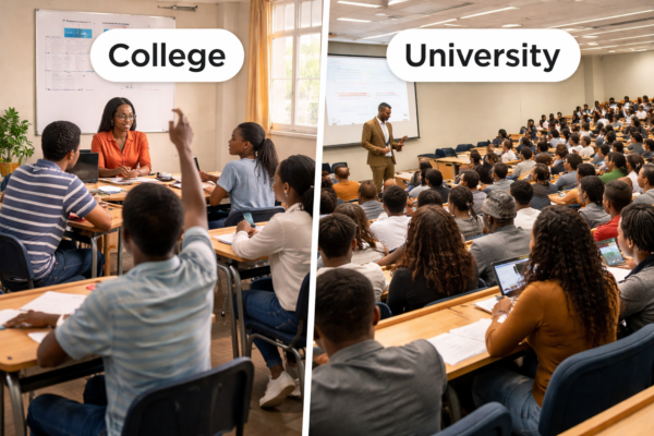 Comparison of college vs university showing small classroom and large lecture hall to explain key differences in education