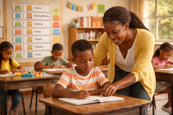Special education teacher using visual supports and positive behavior strategies in an inclusive classroom