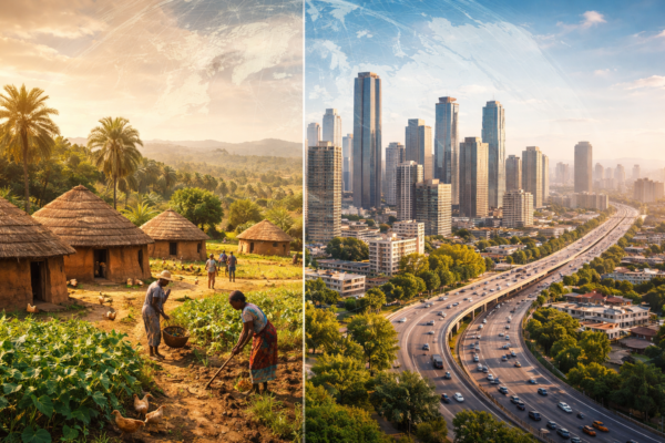 Cultural geography concept showing traditional village and modern city landscapes shaped by human culture and environment