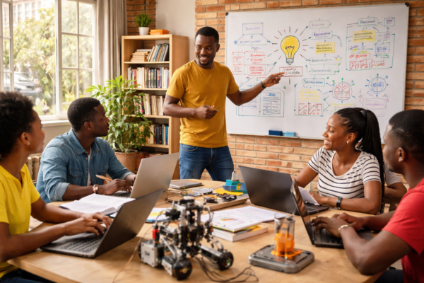 Students participating in a school entrepreneurship program developing business ideas and presenting projects