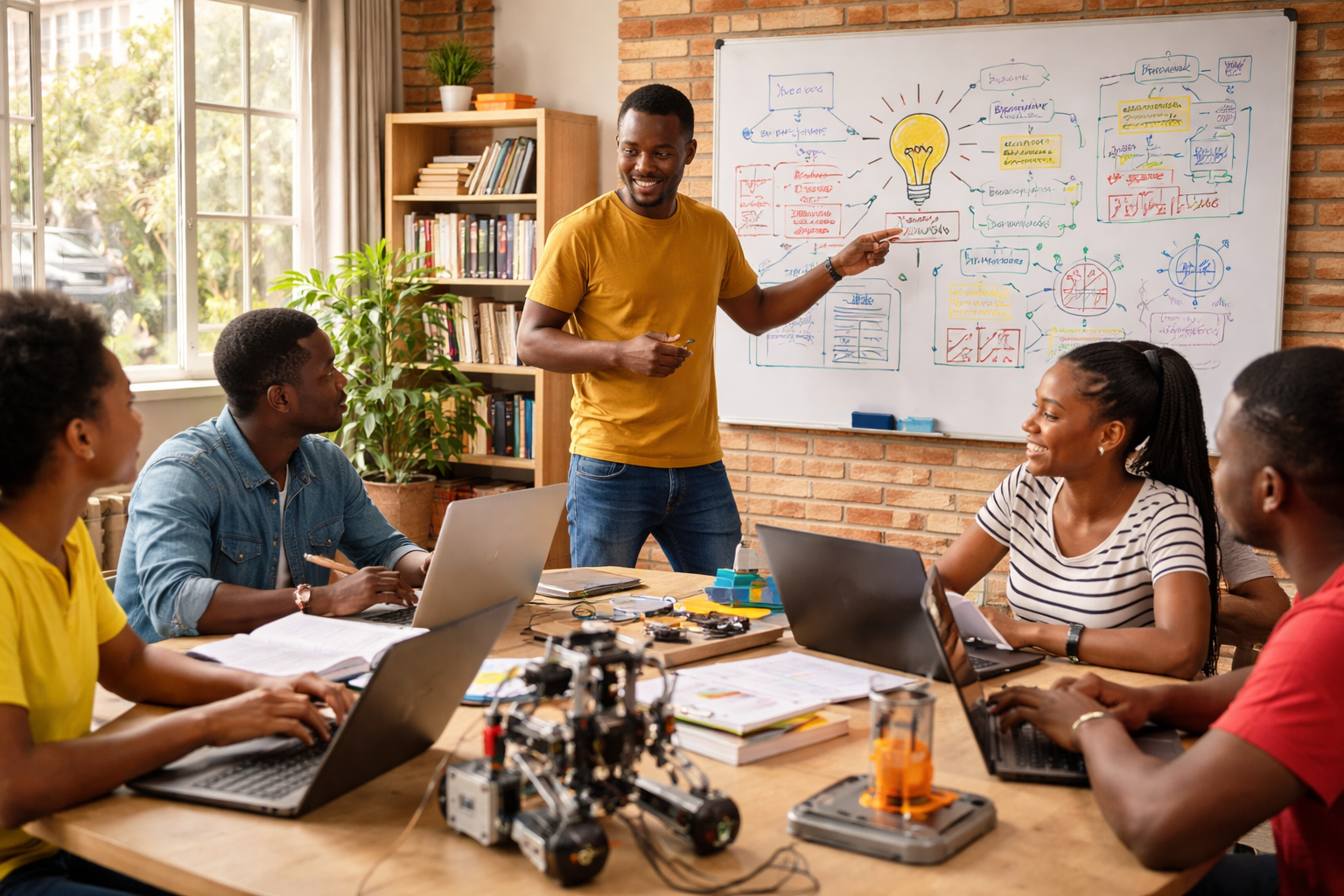 Students participating in a school entrepreneurship program developing business ideas and presenting projects