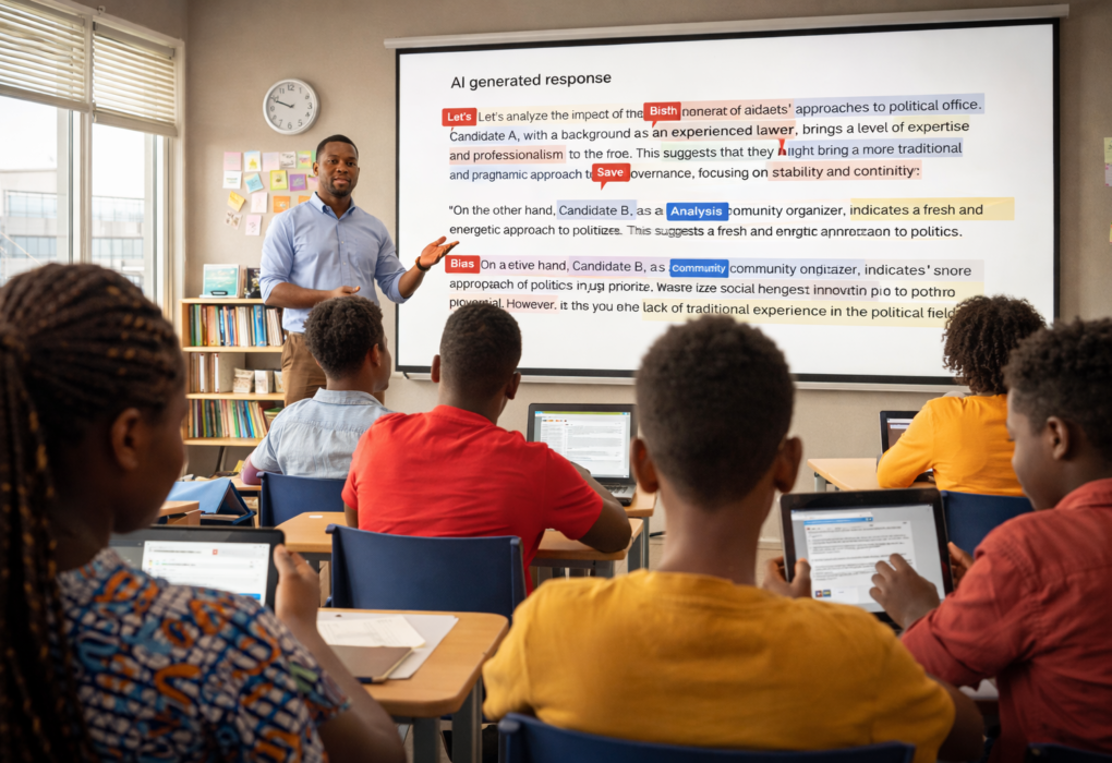 Teacher guiding students as they analyze AI-generated content in a classroom discussion about critical thinking and responsible AI use in schools.