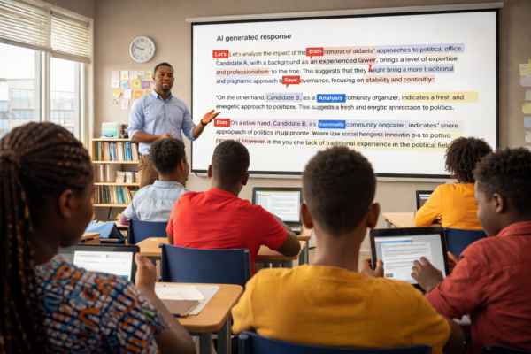 Teacher guiding students as they analyze AI-generated content in a classroom discussion about critical thinking and responsible AI use in schools.