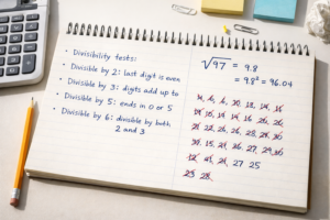 Handwritten example showing how to find prime numbers without a calculator using divisibility rules and square root method.
