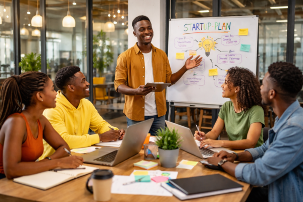Young entrepreneurs participating in a startup program, brainstorming business ideas and pitching projects