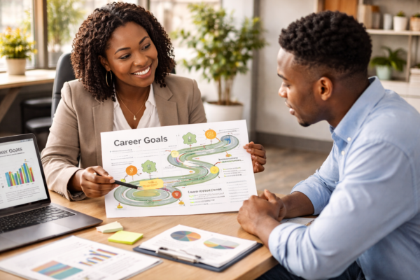 Professional career guidance session showing goal planning, skill mapping, and career development strategy
