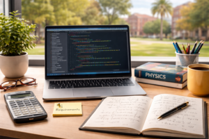 Student preparing for computer science degree with math textbook, laptop showing code, and physics notes on desk