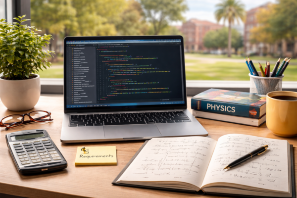 Student preparing for computer science degree with math textbook, laptop showing code, and physics notes on desk