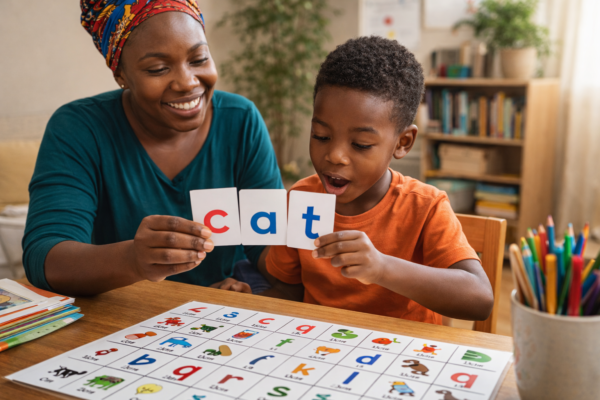 Teacher helping a struggling reader practice phonics sounds using letter cards to improve reading confidence and fluency.