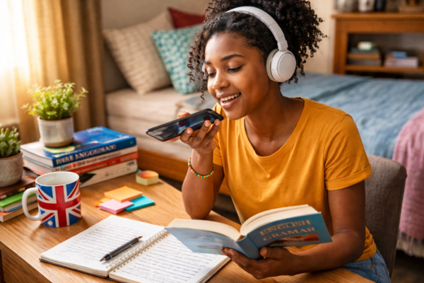 Student practicing English speaking skills by reading aloud and learning the seven rules of speaking English fluently.