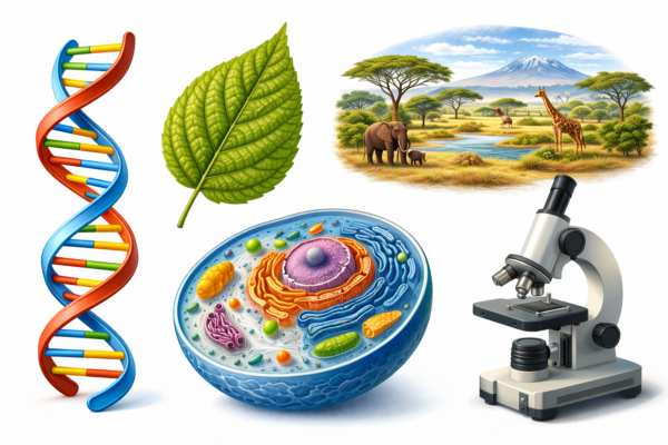 Illustration showing DNA structure, plant leaf, animal cell, and ecosystem representing key biology concepts and the basics of living organisms.