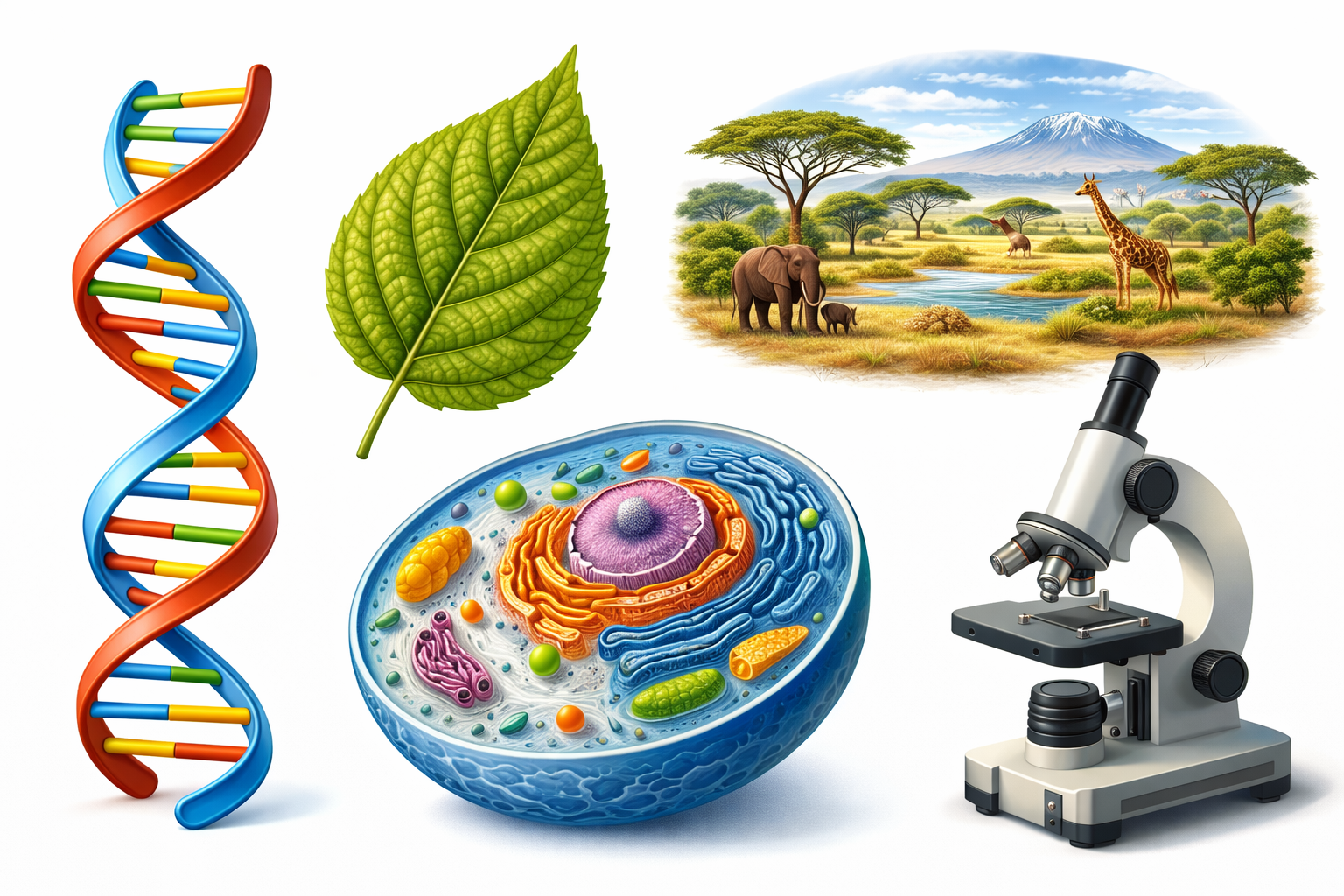 Illustration showing DNA structure, plant leaf, animal cell, and ecosystem representing key biology concepts and the basics of living organisms.