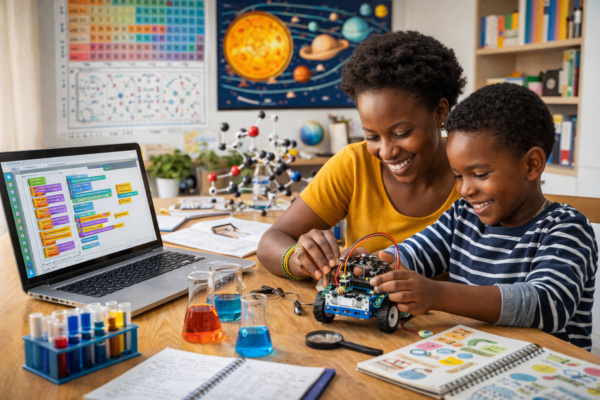 Homeschool parent teaching child STEM using robotics kit, coding laptop, and science experiment materials at home