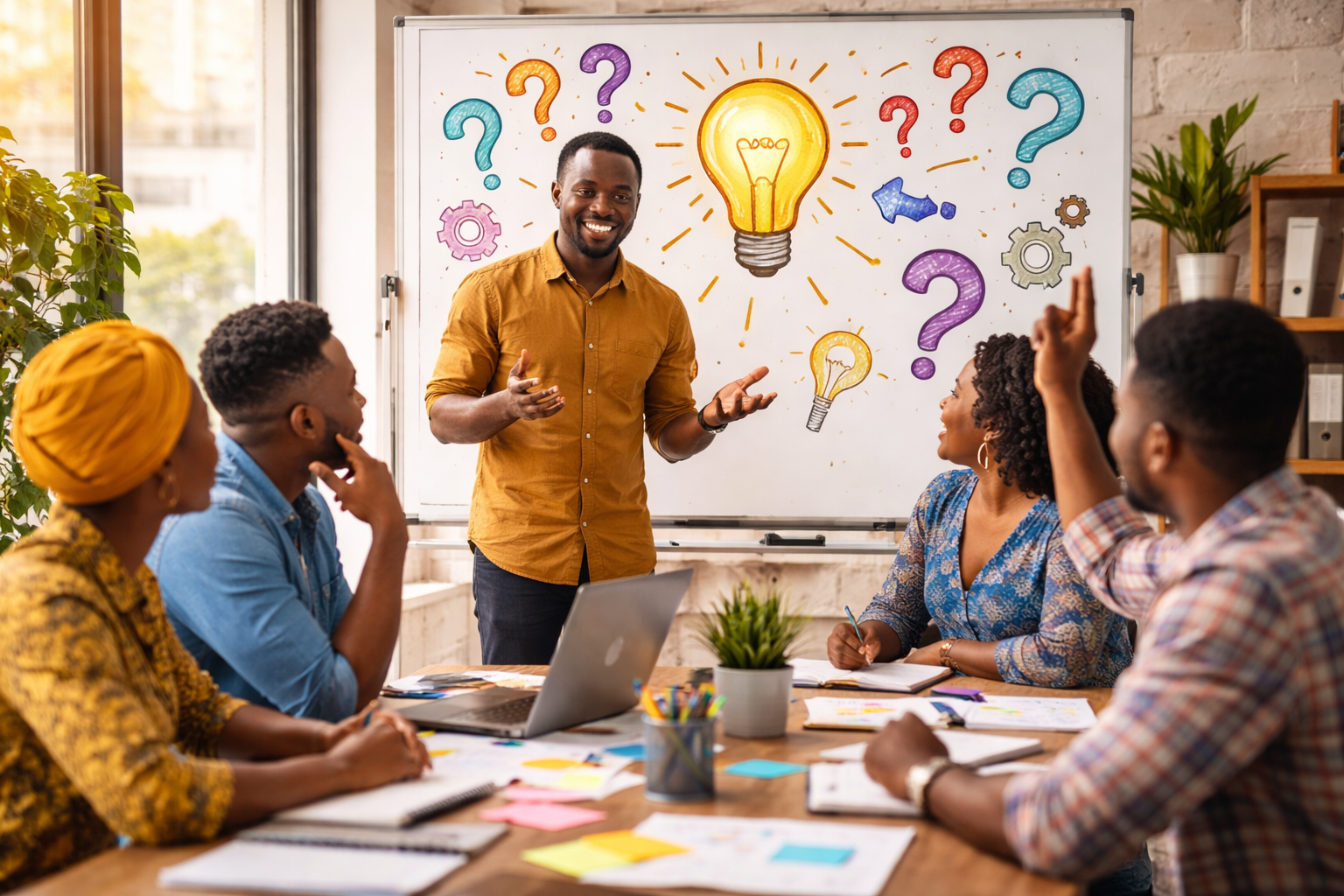 Business leader encouraging curiosity during a team brainstorming session to improve innovation and decision-making.