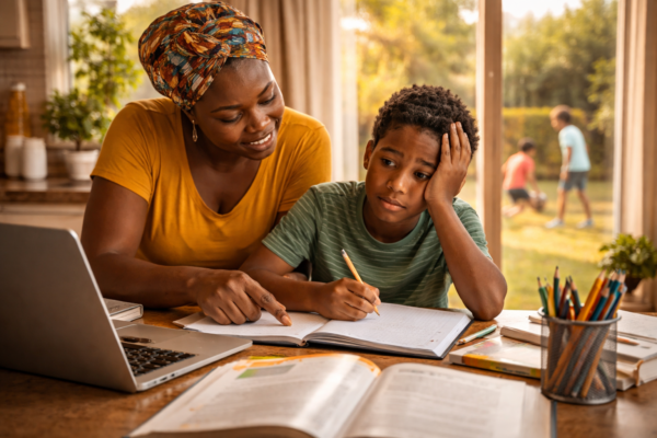Parent teaching a child at home while studying books and laptop illustrating common homeschooling challenges and disadvantages