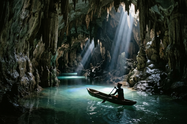 Underground river flowing through a dark limestone cave with stalactites and reflective water