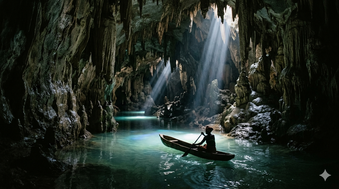 Underground river flowing through a dark limestone cave with stalactites and reflective water