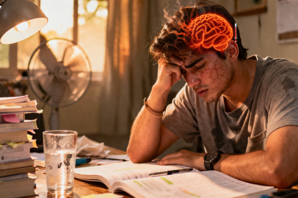 A person in extreme heat holding their head while studying, with a visual contrast of a brain affected by high temperature, illustrating how heat impacts cognitive function.