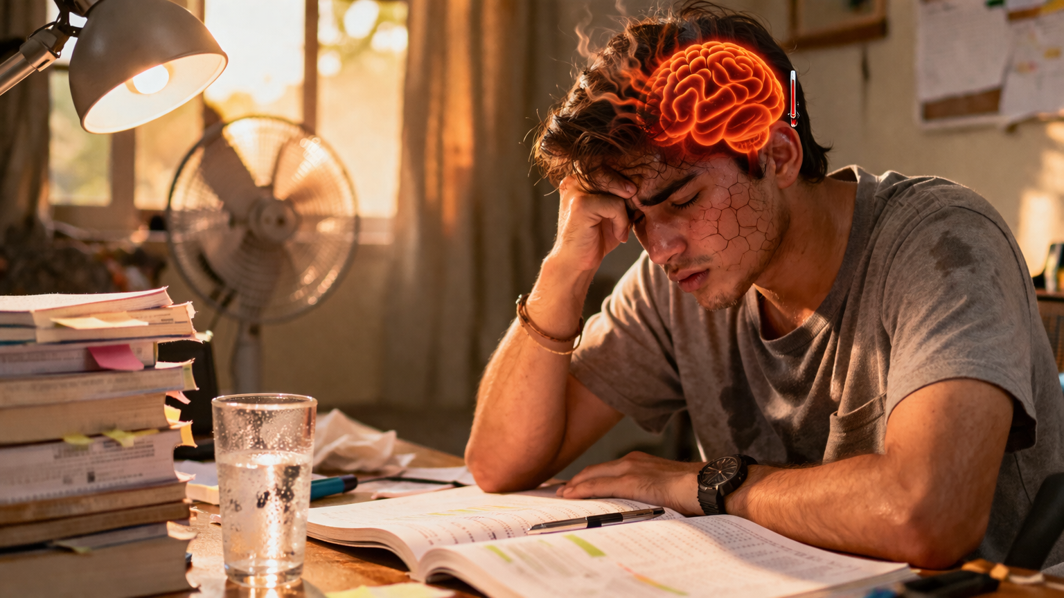 A person in extreme heat holding their head while studying, with a visual contrast of a brain affected by high temperature, illustrating how heat impacts cognitive function.
