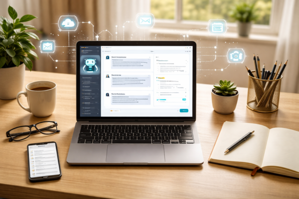 AI productivity tools workspace showing laptop with automation dashboard, task management apps, and organized desk setup