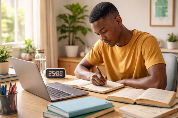 Student using effective study habits and Pomodoro technique to improve concentration and learning